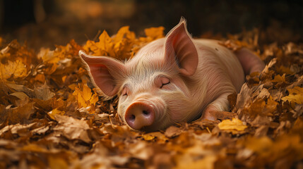pig peacefully sleeping in bed of autumn leaves, utterly content and cozy. warmth of season envelops animal in comfort
