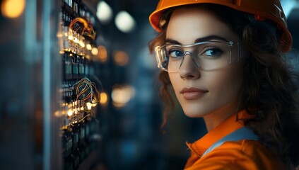 Obraz premium A female engineer in safety gear works on complex electrical panel, showcasing expertise and industrial technology