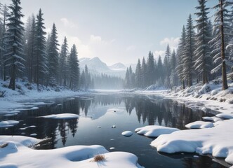 Fototapeta premium Snowy forest with a frozen lake in the background, frost, frozen water