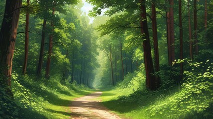 Obraz premium A serene forest path surrounded by lush green foliage