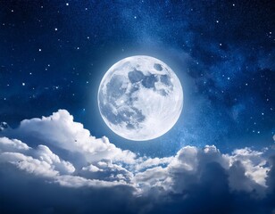 A bright full moon illuminates a night sky filled with fluffy clouds and twinkling stars