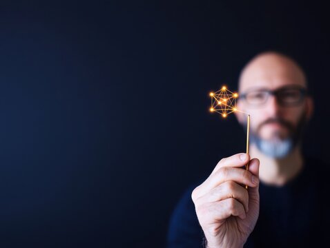 Creative innovation spark studio space realistic photography dark background close-up perspective thought leadership concept
