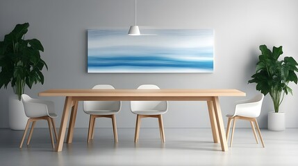 Serene Minimalist Dining Room:  Tranquil space, wooden table, and calming art.