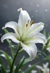 Obraz premium Soft focus on blooming white lily with dew drops, dewy, morning light, dew drops, soft focus, morning
