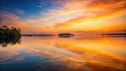 Obraz premium Soft orange hues of sunset on a calm lake at dusk, warm light, clouds, serene