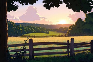 Obraz premium Serene Sunset Overrolling Meadows with Wooden Fence Framing a Peaceful Landscape in Vibrant Colors of Nature and Sky at Dusk