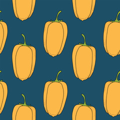 Pattern with yellow pepper, Bell peper. Vegetable vector seamless pattern with blue background