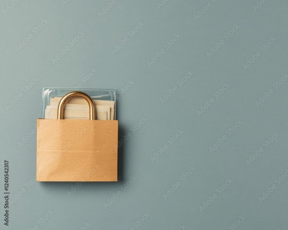 Poster Minimalist Data Access Unlocked Padlock and Transparent Folder on Gray - Modern Information Exchange and Sustainable Office Design