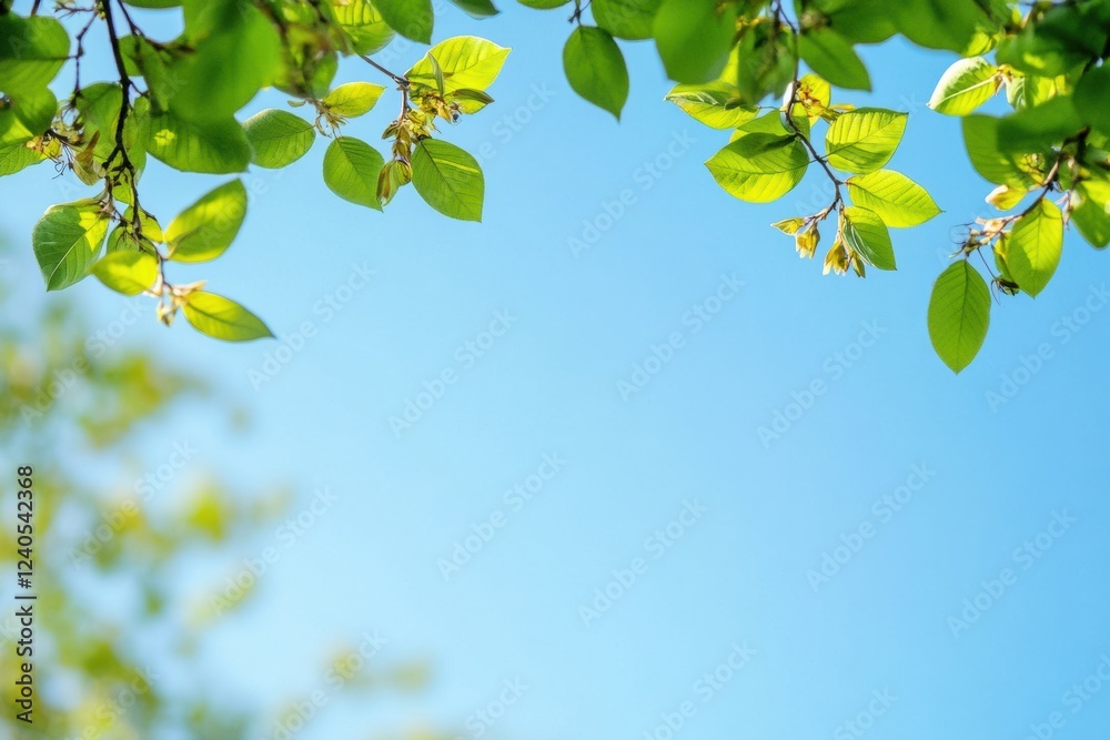 Poster bright green leaves against a clear blue sky create a serene backdrop for creative text placement. g