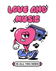  Cartoon groove hearts character mascot. Cute symbols of love walking pose with a tape recorder in their hands. Playful cheeky happy heart in trendy retro comic style