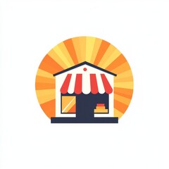 Obraz premium Sunny storefront; shop opening; goods inside; sunrise backdrop; business illustration
