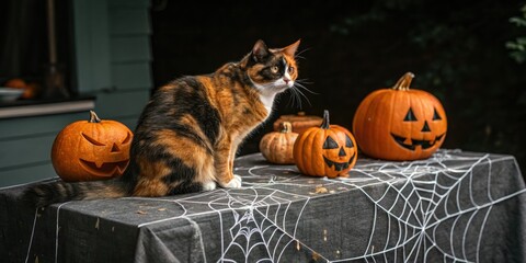 Spooky orange and black cat sitting on a cobweb covered table with jack-o-lanterns surrounding it, colorful, eerie