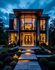 Modern 2 storey houses in bold geometric lines and with large glass windows that glow warm gold light inside and the elegant stone pathway leading to the front door against the night sky