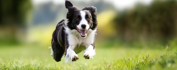 Energetic dog leaping joyfully across grassy field.