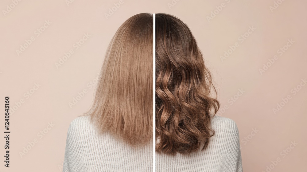 Poster transformation of hair from thin and straight to thick and curly through effective styling technique