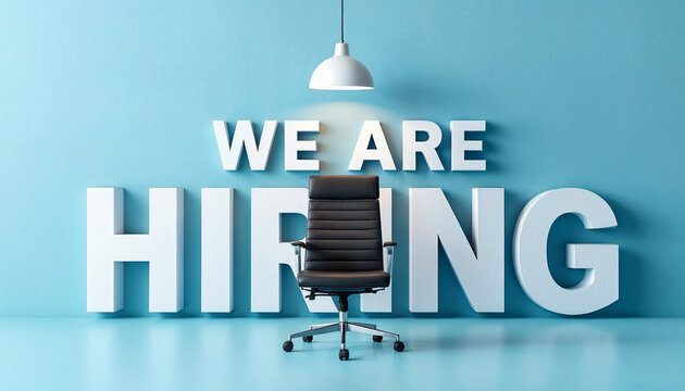 Job recruitment announcement featuring modern chair against blue background inviting applicants to apply now for new positions