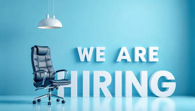Call for applicants at modern office space featuring comfortable chair and bold hiring message against blue background