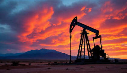 Fototapeta premium Oil pumpjack operating at dusk against a vibrant sunset in a remote desert landscape