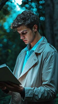 Young man reading a book in a serene forest during the evening with dramatic lighting exploring nature and literature