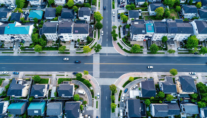 Overhead view of a busy suburban intersection with residential homes on a sunny day