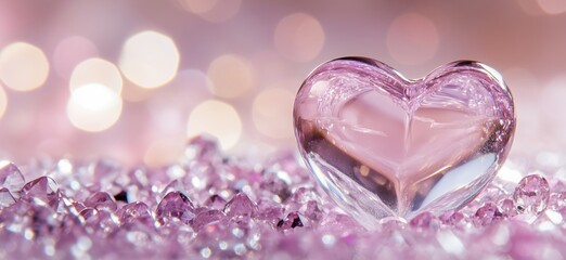 Heart-shaped crystal figurine surrounded by sparkling pink gemstones, soft bokeh background, romantic and elegant atmosphere, copy space for text