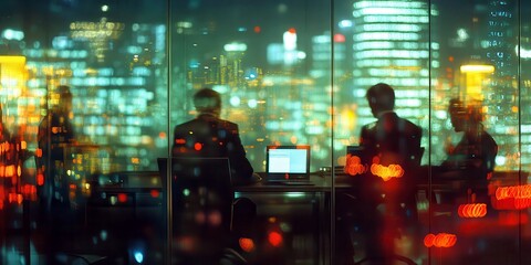 Obraz premium Business Meeting in Modern Office with City View at Night Showcasing Blurred Lights and Professional Atmosphere for Corporate Themes