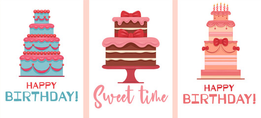 Vector set of birthday cards with cakes and lettering. Collection of festive vertical banners with sweet treats and wishes. Sweet time