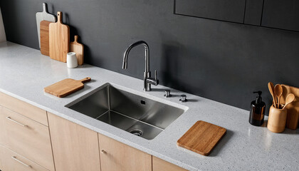 Modern kitchen sink area with wooden cutting boards and stylish utensils creating a clean and functional workspace