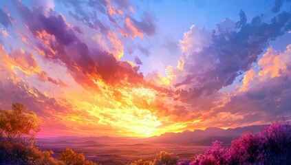 Obraz premium Breathtaking Sunrise Over Mountains with Colorful Clouds and Vibrant Sky Blending Shades of Orange, Pink, Purple and Blue in a Scenic Landscape