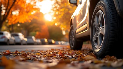 Autumn leaves cover the ground as a car is parked on a residential street at sunset