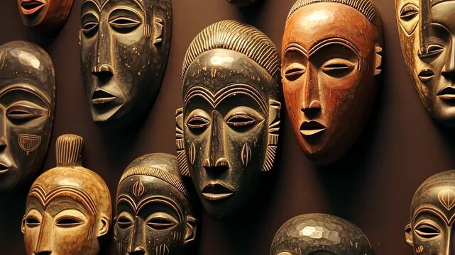 Masks, african and tribal art for culture, traditional and ethnic decoration, ritual object and souvenir