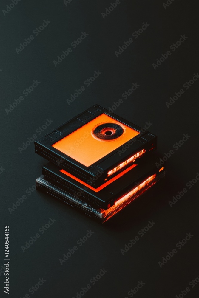 Poster minimalist retro tech display aligned stack of vintage data storage on matte black - heritage conten