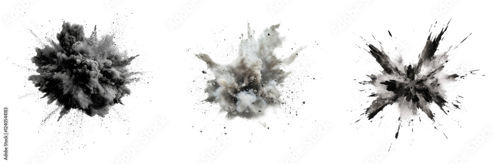 Poster explosive bursts of smoke and debris create dynamic visual impact in dramatic effects