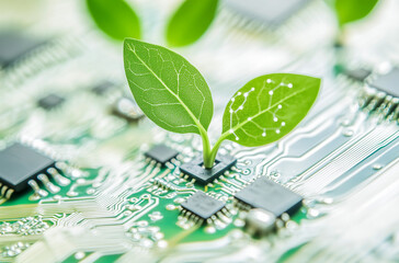 Circuiti elettronici con piccole piantine che crescono. Elettronica sostenibile.