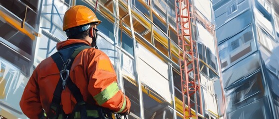 A construction worker in safety gear observes a building site, highlighting the commitment to safety and progress in urban development with scaffolding and modern architecture.