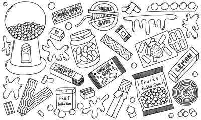 Bubble gum doodle vector set. Hand drawn kinds of bubble gum sketch set. Chewing pads with mint, bubblegum roll, balls, pillows and sticks.