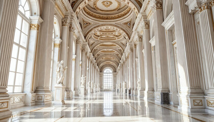 Elegant hallway adorned with classical sculptures and intricate architectural details in a historic building