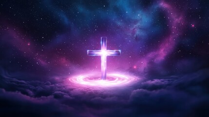 Fototapeta premium Glowing cross in a vibrant purple and blue nebula, surrounded by clouds. Cosmic background with stars and a soft light emanating from the cross.