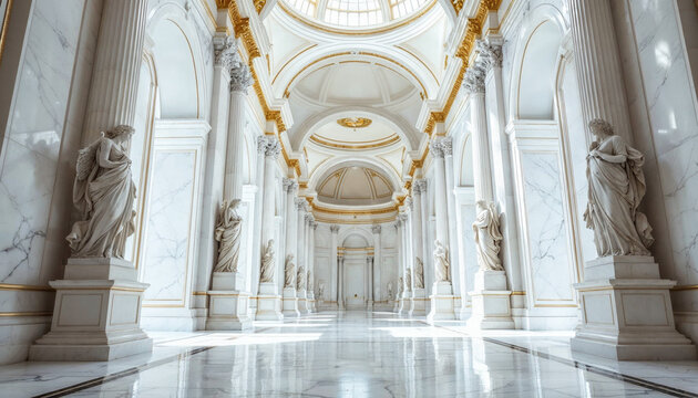 Elegant marble hall showcases intricate architecture and statues in a grand historic building