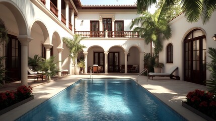 Obraz premium Luxurious Spanish-style courtyard with a refreshing swimming pool, surrounded by lush greenery and elegant architecture