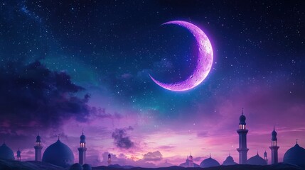Pixelated crescent moon glows purple in a twilight sky above a city with towers. Night scene with stars and soft clouds.