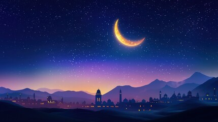 Fototapeta premium Night landscape with crescent moon, starry sky, and a cityscape on the horizon. Purple and blue tones dominate the sky, while the city glows with warm light. Pixel art style.