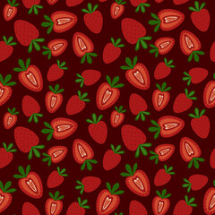 Seamless pattern of whole and halved strawberries on a deep red background.