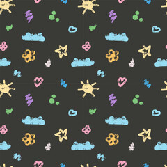 Kids crayon seamless pattern with clouds, sun, star, hearts, butterfly and flowers on dark background