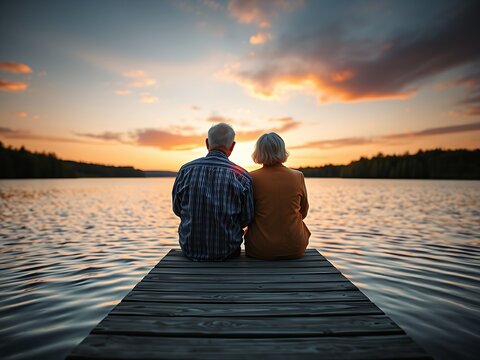 The back of a senior couple sitting on a wooden dock with mountains and lake view against sunset sky - Powered by Adobe