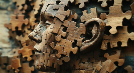 Testa composta da tanti pezzi di puzzle. Ritrovare se stessi. Ricomporsi. Psicologia.