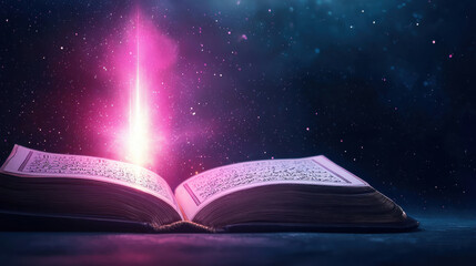 Open book with magical pink and purple glow emanating from its pages, set against a dark, cosmic like background. Glowing particles surround the book, adding to its mystical atmosphere.