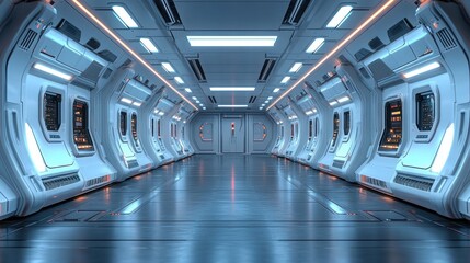 Obraz premium Futuristic spaceship corridor; glowing, servers