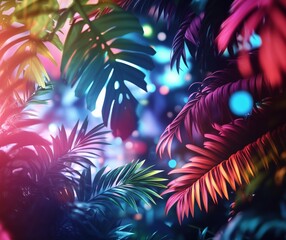 Fototapeta premium Vibrant Tropical Jungle with Colorful Foliage and Bokeh Lights, copy space for text