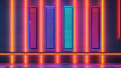 Fototapeta premium Colorful neon wall with illuminated panels and reflections